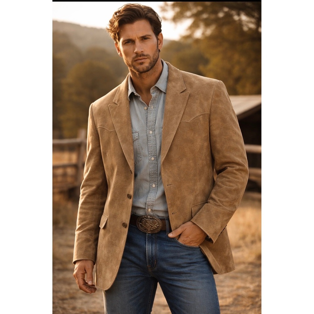 Vintage Tan Suede Leather Jacket Western Ranchwear Cowboy Blazer Quite Luxury XL